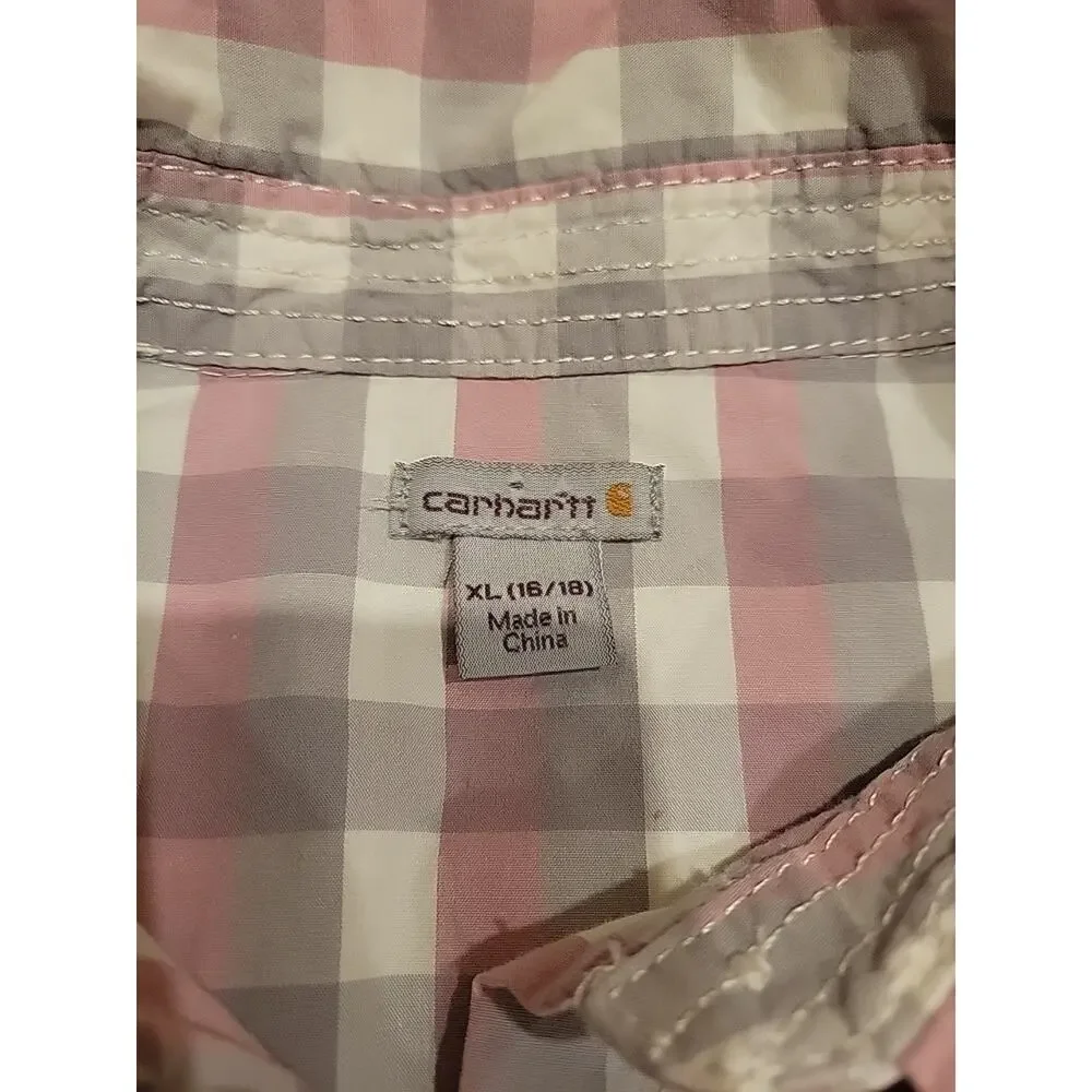 Carhartt Women’s Plaid Button Up Shirt Pink Gray Gingham Workwear